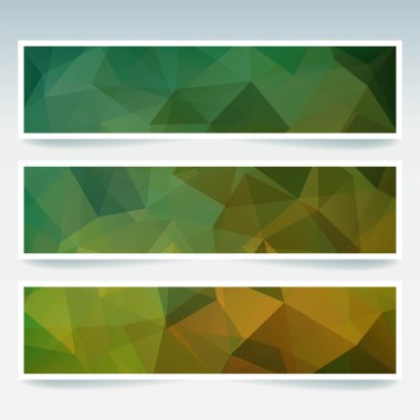 İş tasarım şablonları ile soyut banner. Afiş kümesi poligonal mozaik arka planlar ile. Geometrik üçgen vektör çizim. Yeşil renk.