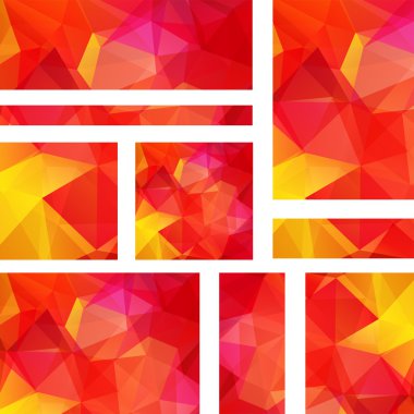 Çokgen üçgenler ile ayarlanmış yatay afişler. Çokgen arka plan, vektör illüstrasyon. Kırmızı, turuncu, sarı renkler. 