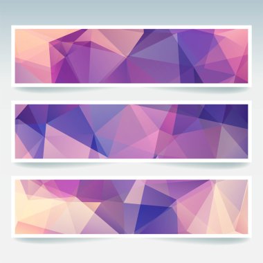 Yatay Banner poligonal üçgenler ile ayarlayın. Çokgen arka plan, vektör çizim. Pembe, mor renkler.