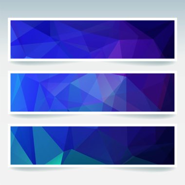 Soyut arka plana sahip banner şablonları kümesi. Çokgen arka planlı modern vektör. Mavi renk.
