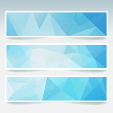 Vektör afiş çokgen soyut üçgenler ile ayarlayın. Soyut poligonal düşük poli fon. Mavi, beyaz renkler.