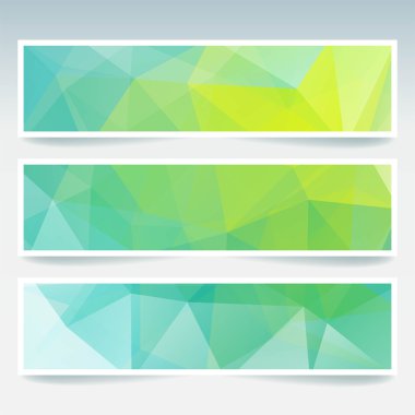 Vektör afiş poligonal üçgenler ile ayarlayın. Soyut düşük poli fon. Sarı, mavi, yeşil renkler.