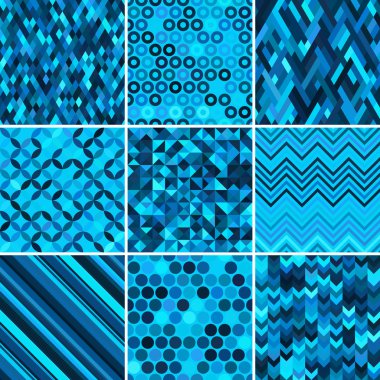 Dizi renkli arka plan, 9 geometrik desen, vektör çizim. Doku kumaş ve kağıt üzerine baskı için kullanılabilir.