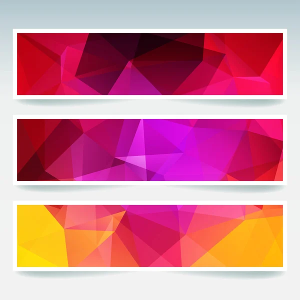 Horizontal banners set with polygonal triangles. Polygon background, vector illustration. Red, pink, purple, yellow colors. — Stock Vector