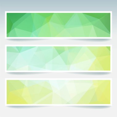 İş tasarım şablonları içeren soyut afişler. Çokgen mozaik arka planlar ile ayarlayın. Geometrik üçgen vektör illüstrasyon. Sarı, beyaz, yeşil renkler.