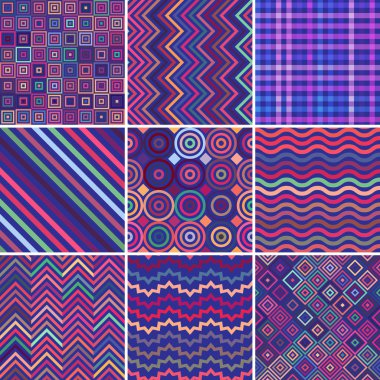 Kusursuz soyut arka plan kümesi, 9 geometrik desen, vektör illüstrasyon. Pembe, mavi, mor renkler. Doku kumaş ve kağıt üzerine baskı için kullanılabilir
