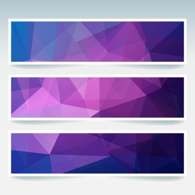 İş tasarım şablonları ile soyut banner. Afiş kümesi poligonal mozaik arka planlar ile. Geometrik üçgen vektör çizim. Mor, mavi renkler.