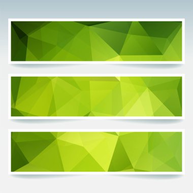 İş tasarım şablonları ile soyut banner. Afiş kümesi poligonal mozaik arka planlar ile. Geometrik üçgen vektör çizim. Yeşil renk.