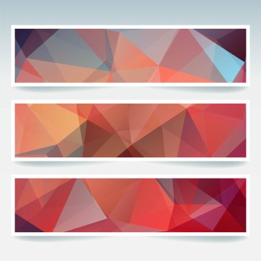 Çokgen üçgenler ile ayarlanmış yatay afişler. Vektör illüstrasyon. Kırmızı, turuncu, kahverengi renkler.