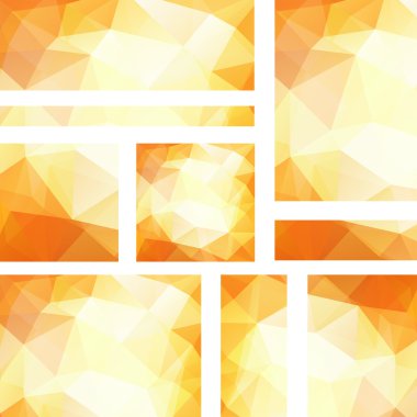 Çokgen üçgenler ile ayarlanmış yatay ve dikey afişler. Çokgen arka plan, vektör illüstrasyon. Sarı, turuncu, beyaz renkler.
