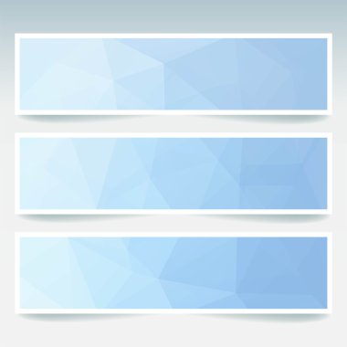 Vektör kümesi poligonal soyut üçgenler ile afiş. Poligonal düşük Poli afiş soyut. Mavi, beyaz renkler.