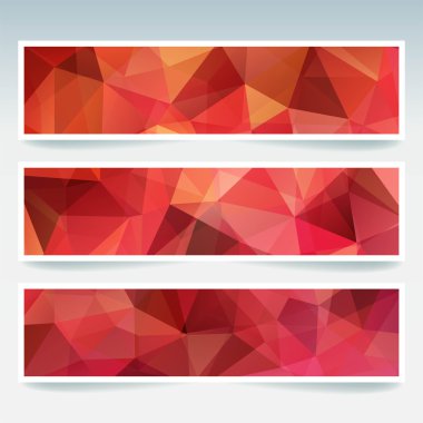 Soyut arka plana sahip banner şablonları kümesi. Çokgen arka planile modern vektör afiş. Kırmızı, kahverengi renkler.