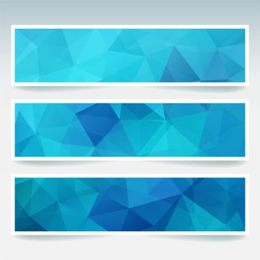İş tasarım şablonları ile soyut mavi afişler. Çokgen mozaik arka planlara sahip Afiş seti. Geometrik üçgen vektör çizimi.