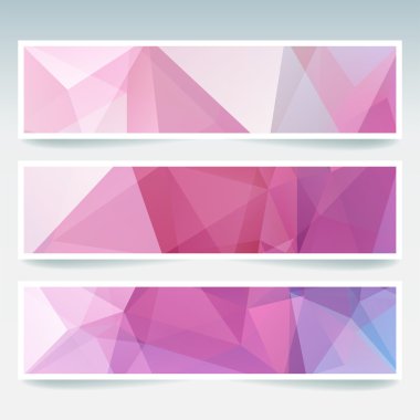 Vektör kümesi poligonal soyut üçgenler ile afiş. Poligonal düşük Poli afiş soyut. Pembe, beyaz renk.
