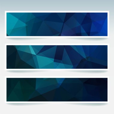 Yatay Banner poligonal üçgenler ile ayarlayın. Çokgen arka plan, vektör çizim. Koyu mavi renk.