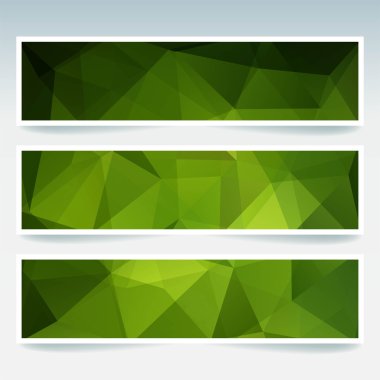 İş tasarım şablonları ile soyut banner. Afiş kümesi poligonal mozaik arka planlar ile. Geometrik üçgen vektör çizim. Yeşil renk