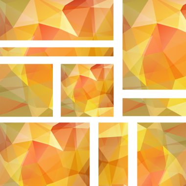 Vektör afiş poligonal soyut turuncu üçgenler ile ayarlayın. Soyut poligonal düşük poli afişler.