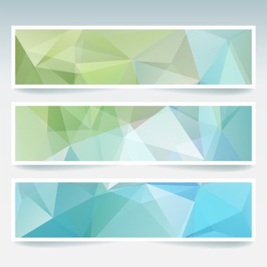 İş tasarım şablonları ile soyut başlık. Çokgen mozaik arka planlara sahip Afiş seti. Geometrik üçgen vektör illüstrasyon. Yeşil, mavi renk.