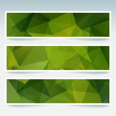İş tasarım şablonları ile soyut banner. Afiş kümesi poligonal mozaik arka planlar ile. Geometrik üçgen vektör çizim. Yeşil renk.