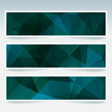 Vektör kümesi poligonal soyut üçgenler ile afiş. Poligonal düşük Poli afiş soyut. Mavi, yeşil renkleri.