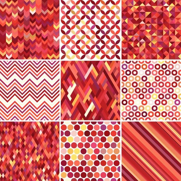抽象的な背景、9つの幾何学模様、ベクトルイラストのセット。テクスチャは、生地や紙に印刷するために使用することができます。赤、オレンジ色. — ストックベクタ