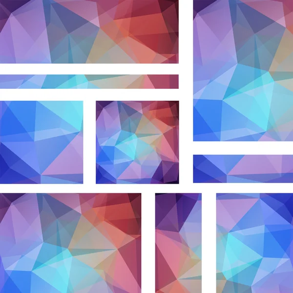 多角形の三角形で設定された水平バナー。ポリゴンの背景、ベクトルイラストレーション。青、赤、茶色. — ストックベクタ