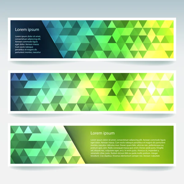 İş tasarım şablonları ile soyut banner. Afiş kümesi poligonal mozaik arka planlar ile. Geometrik üçgen vektör çizim. Yeşil, sarı renkler.