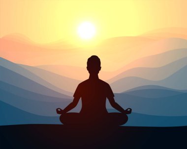 Adam bir dağın tepesinde oturmuş yoga pozisyonunda meditasyon yapıyor. Yoga, meditasyon, rahatlama, dinlenme, dinlenme, sağlıklı yaşam tarzı kavramları.