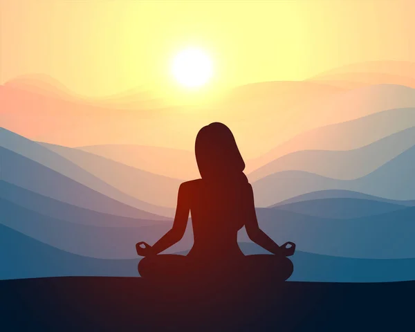 Mujer Meditando Sentada Posición Yoga Cima Una Montaña Ilustración Conceptual — Vector de stock