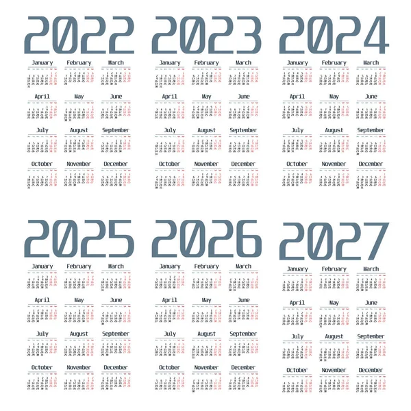 Calendario Inglés Simple 2022 2027 Sobre Fondo Blanco Ilustración Vectorial — Archivo Imágenes Vectoriales