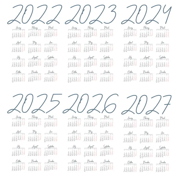 Einfacher Englischer Kalender 2022 2027 Auf Weißem Hintergrund Vektorillustration — Stockvektor