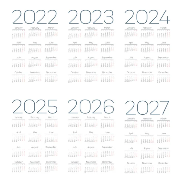 Einfacher Englischer Kalender 2022 2027 Auf Weißem Hintergrund Vektorillustration — Stockvektor