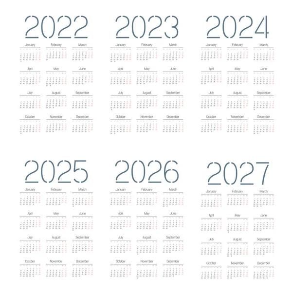 Einfacher Englischer Kalender 2022 2027 Auf Weißem Hintergrund Vektorillustration — Stockvektor