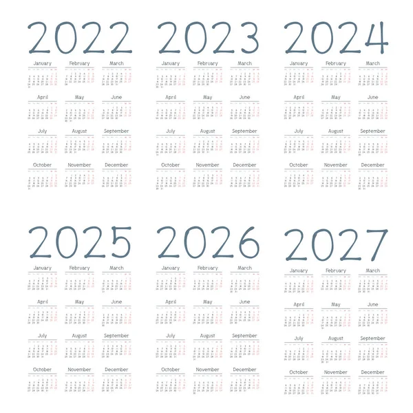 Einfacher Englischer Kalender 2022 2027 Auf Weißem Hintergrund Vektorillustration — Stockvektor