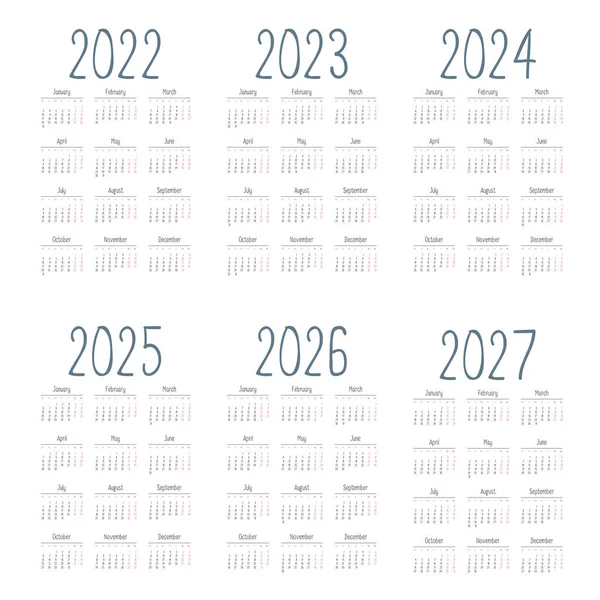 Einfacher Englischer Kalender 2022 2027 Auf Weißem Hintergrund Vektorillustration — Stockvektor