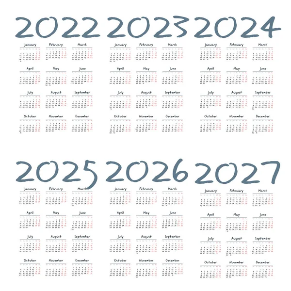 Einfacher Englischer Kalender 2022 2027 Auf Weißem Hintergrund Vektorillustration — Stockvektor