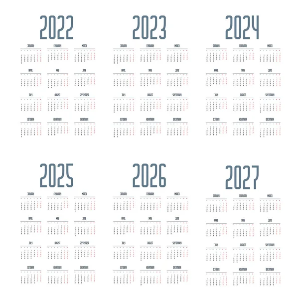 Einfacher Englischer Kalender 2022 2027 Auf Weißem Hintergrund Vektorillustration — Stockvektor