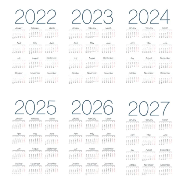 Einfacher Englischer Kalender 2022 2027 Auf Weißem Hintergrund Vektorillustration — Stockvektor