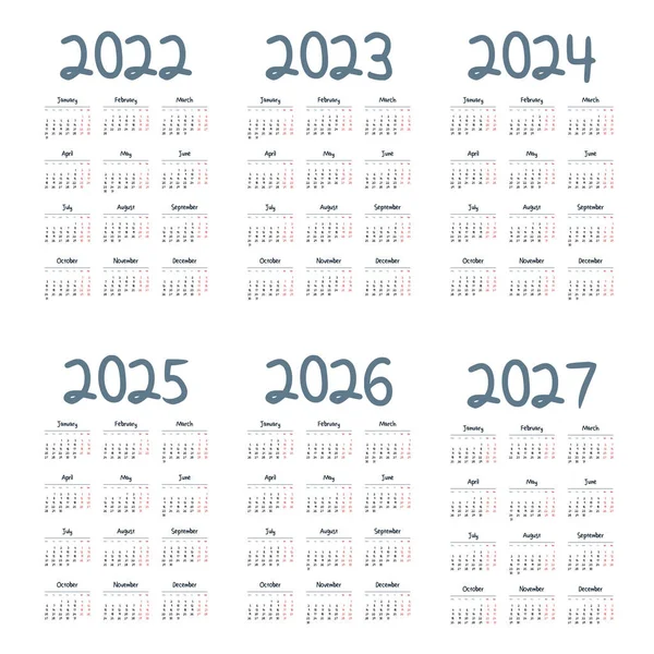 Calendario Inglés Simple 2022 2027 Sobre Fondo Blanco Ilustración Vectorial — Archivo Imágenes Vectoriales