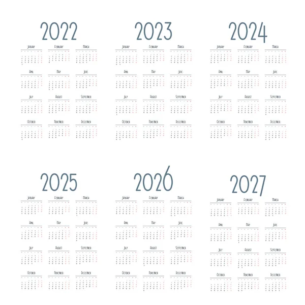 Calendario Inglés Simple 2022 2027 Sobre Fondo Blanco Ilustración Vectorial — Archivo Imágenes Vectoriales