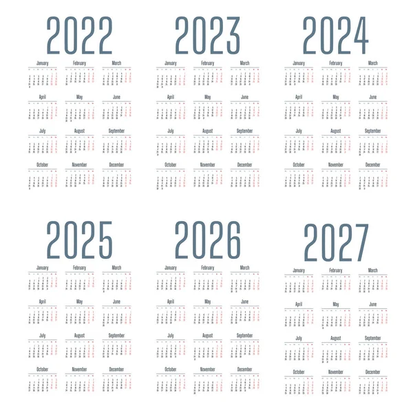 Απλό Αγγλικό Ημερολόγιο 2022 2027 Λευκό Φόντο Εικονογράφηση Διανύσματος — Διανυσματικό Αρχείο