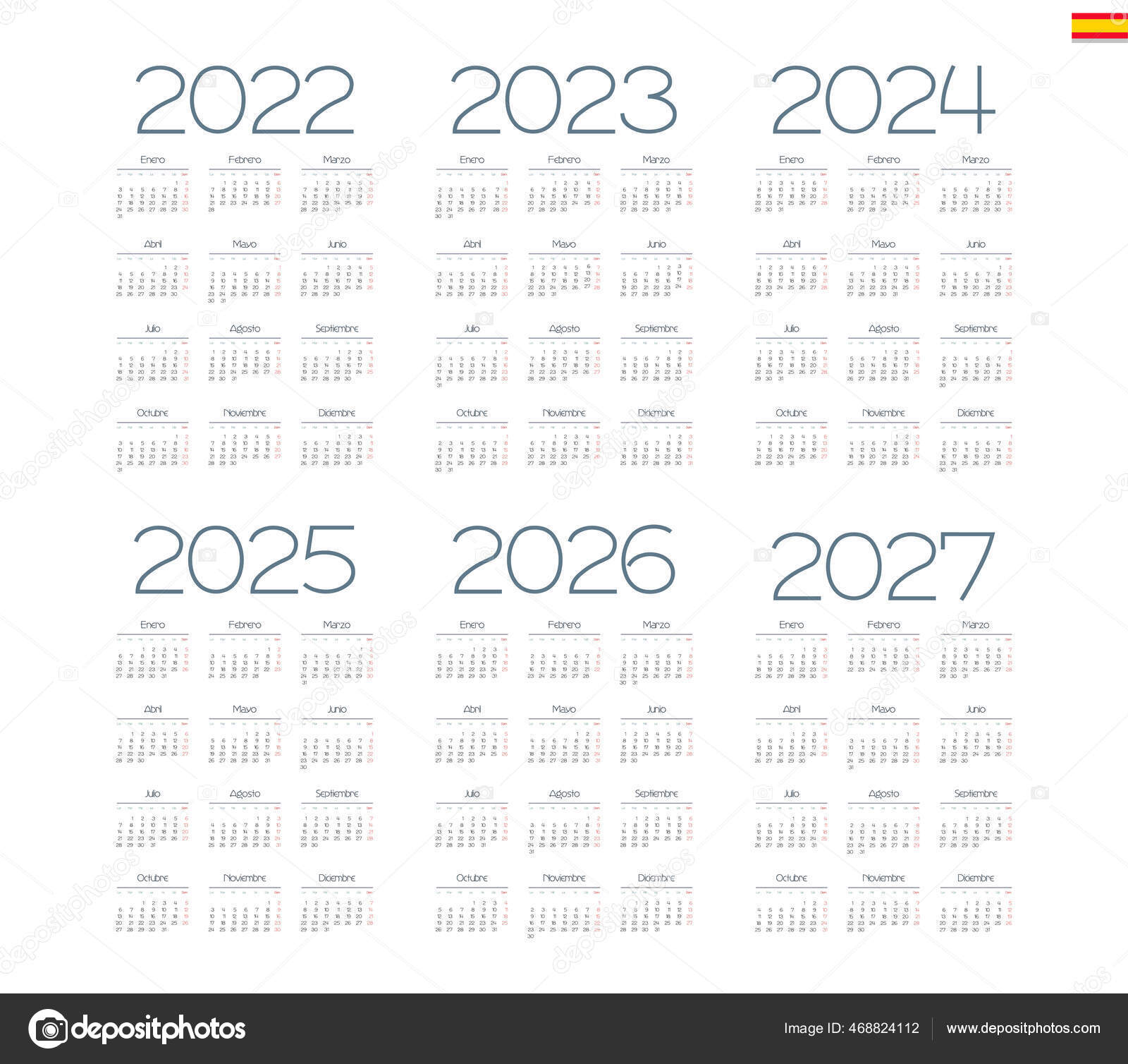 Calendrier Espagnol 2022 2023 2024 2025 2026 2027 Sur Fond image vectorielle par tashechka