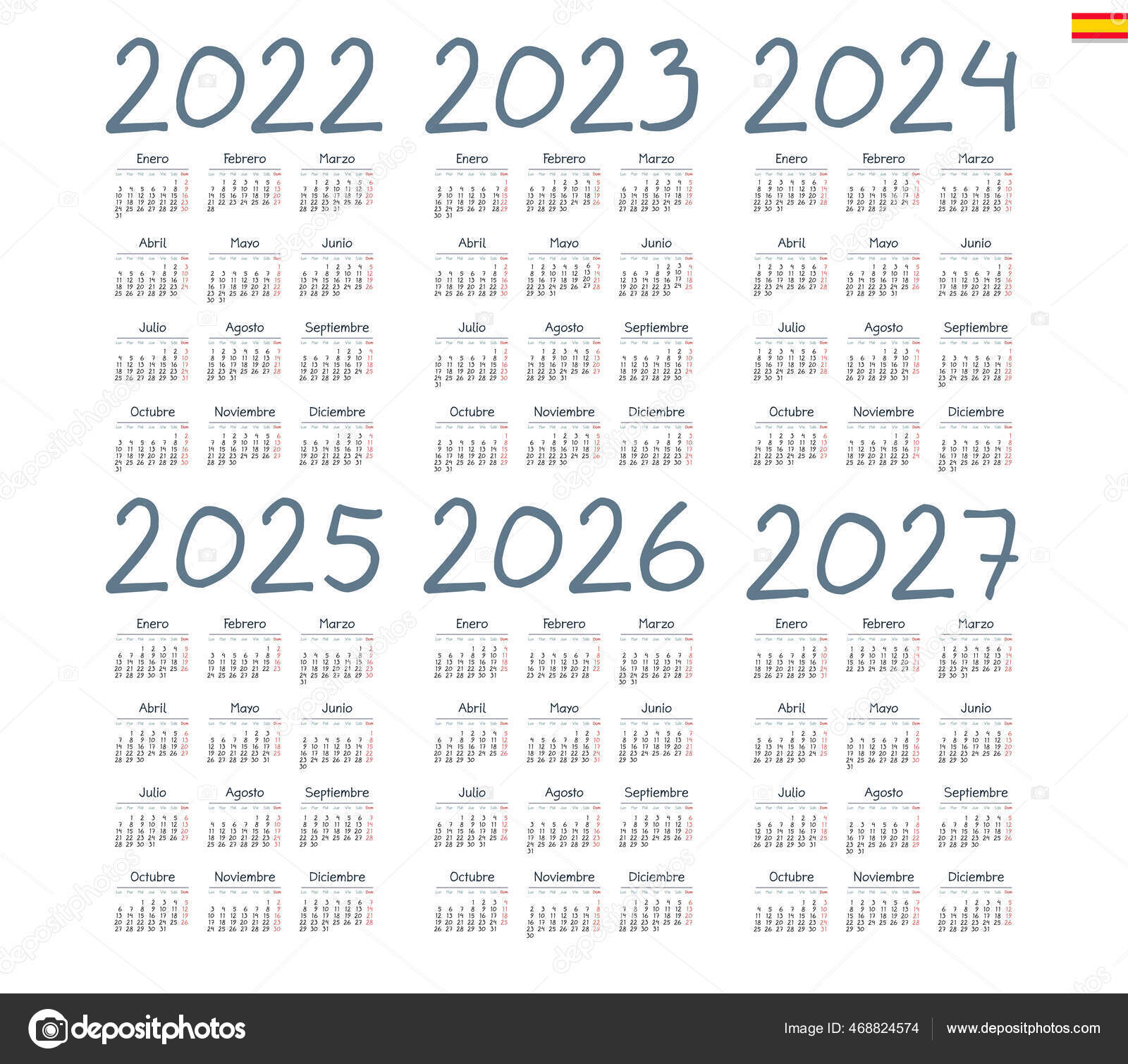 Spanish Calendar 2022 2023 2024 2025 2026 2027 White Background Stock