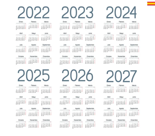 İspanyol takvimi 2022, 2023, 2024, 2025, 2026, 2027 beyaz arka plan, hafta pazartesi başlıyor.