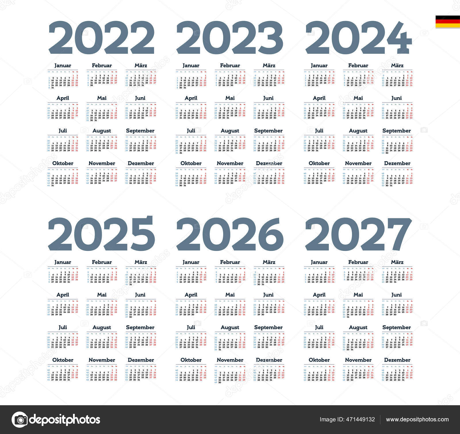 german-calendar-2022-2023-2024-2025-2026-2027-week-starts-stock-vector-image-by-tashechka