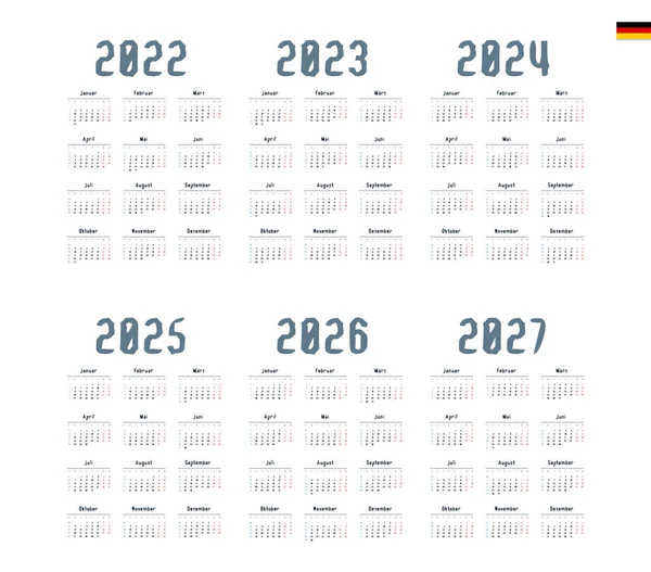 Tysk Kalender För 2022 2023 2024 2025 2026 2027 Veckan — Stock vektor