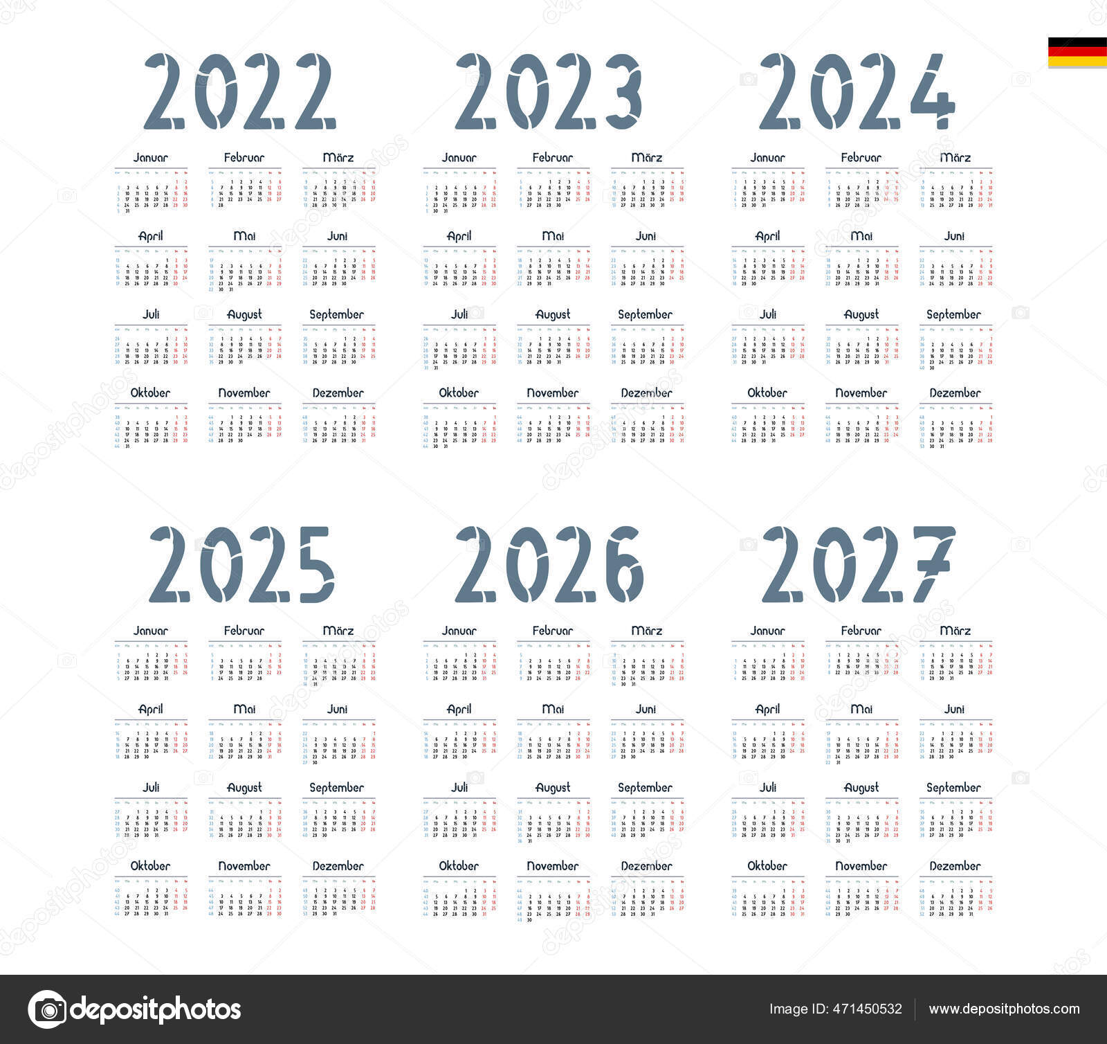 Duitse Kalender Voor 2022 2023 2024 2025 2026 2027 Week