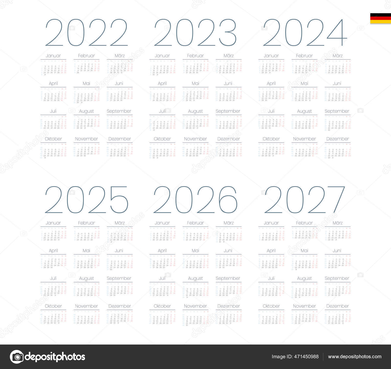 German Calendar 2022 2023 2024 2025 2026 2027 Week Starts Stock Vector