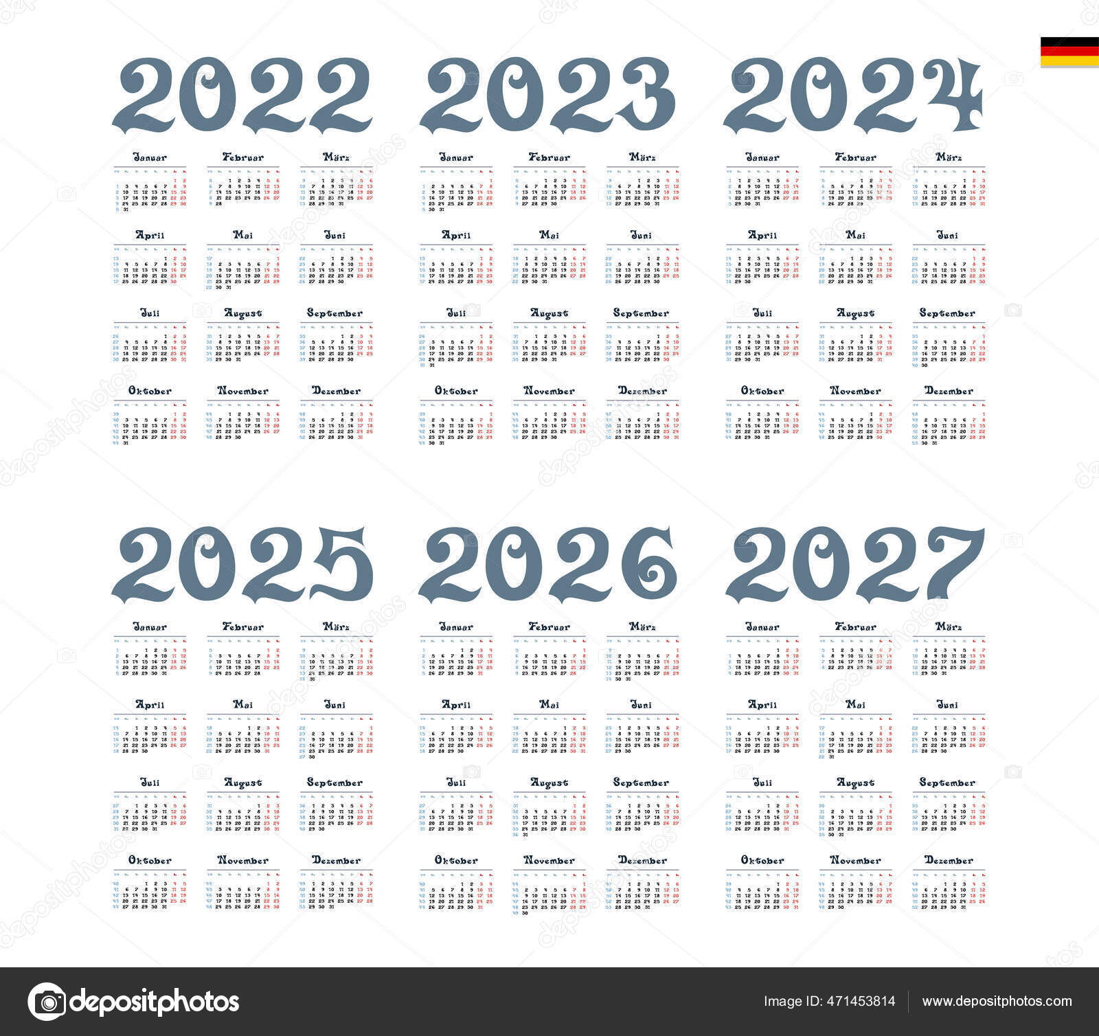 German Calendar 2022 2023 2024 2025 2026 2027 Week Starts Stock Vector