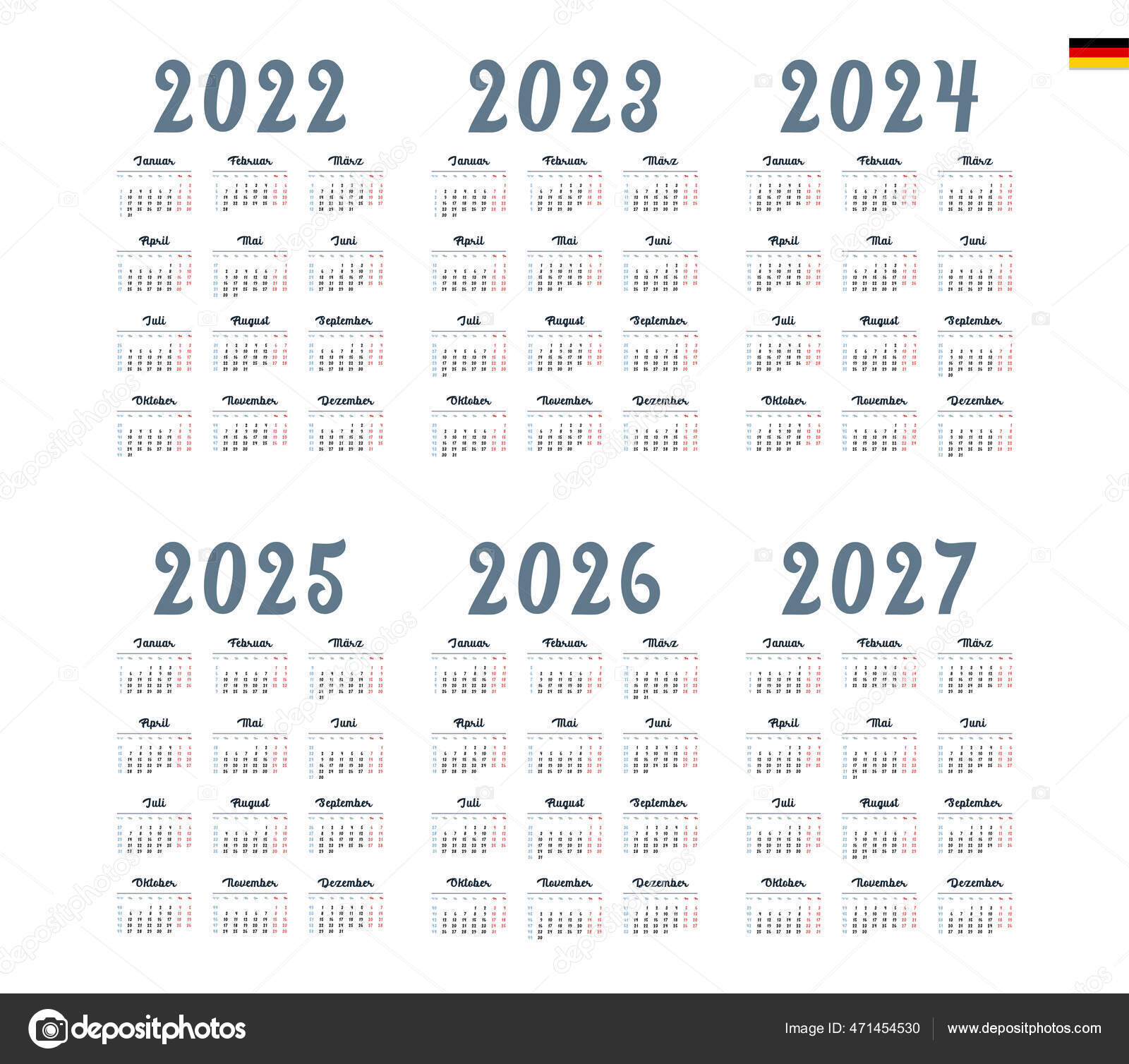  Německý Kalendář Pro Roky2022 2023 2024 2025 2026 2027 Týden Stock 